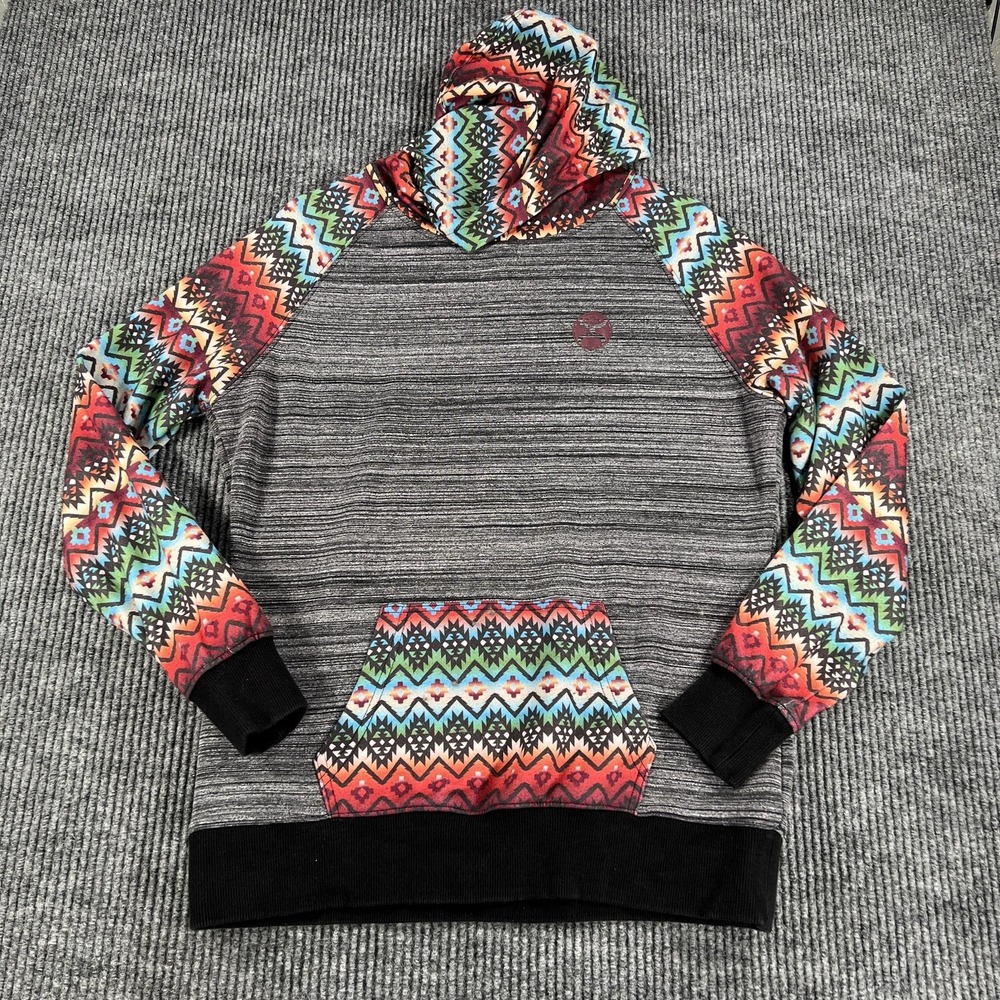 Hooey Hoodie Womens Medium Gray Tribal Print Pullover Kangaroo Pocket Sweatshirt